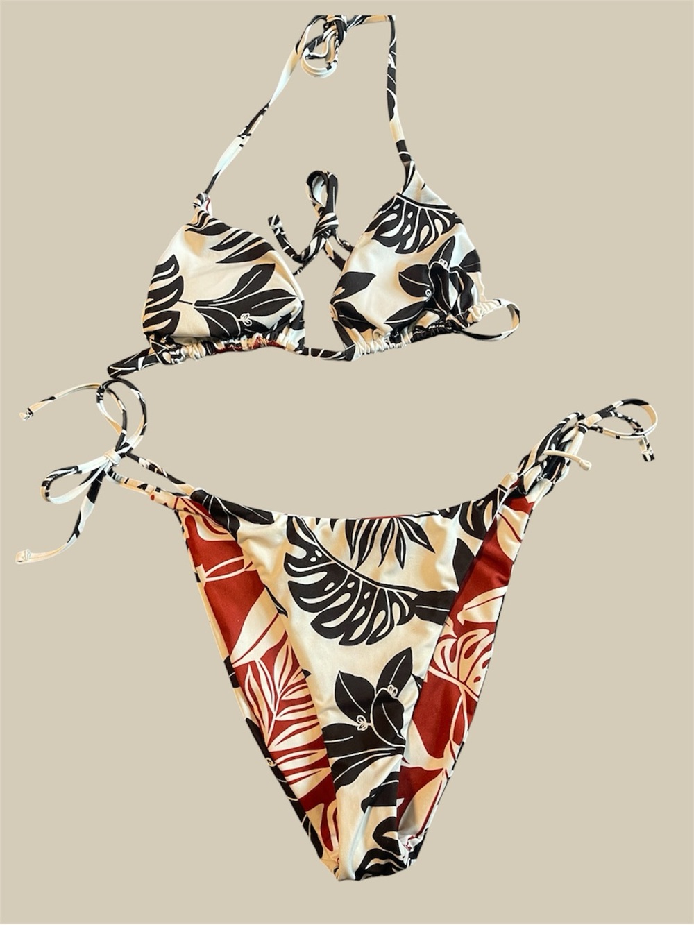 Roxy Cream, Black & Rust Tropical Leaf Tie-Side Bikini